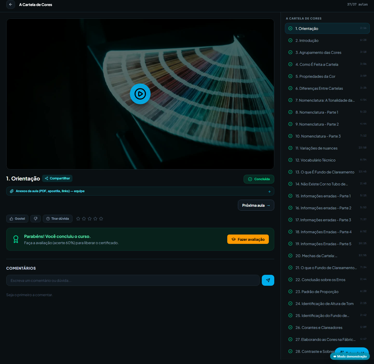 Player de aula do Webiia Space com curso concluído e certificado liberado